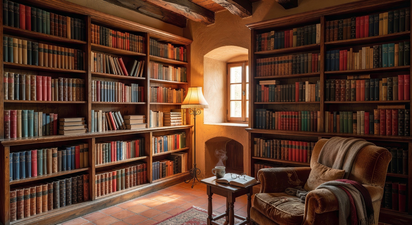 Estanterías en habitación española acogedora