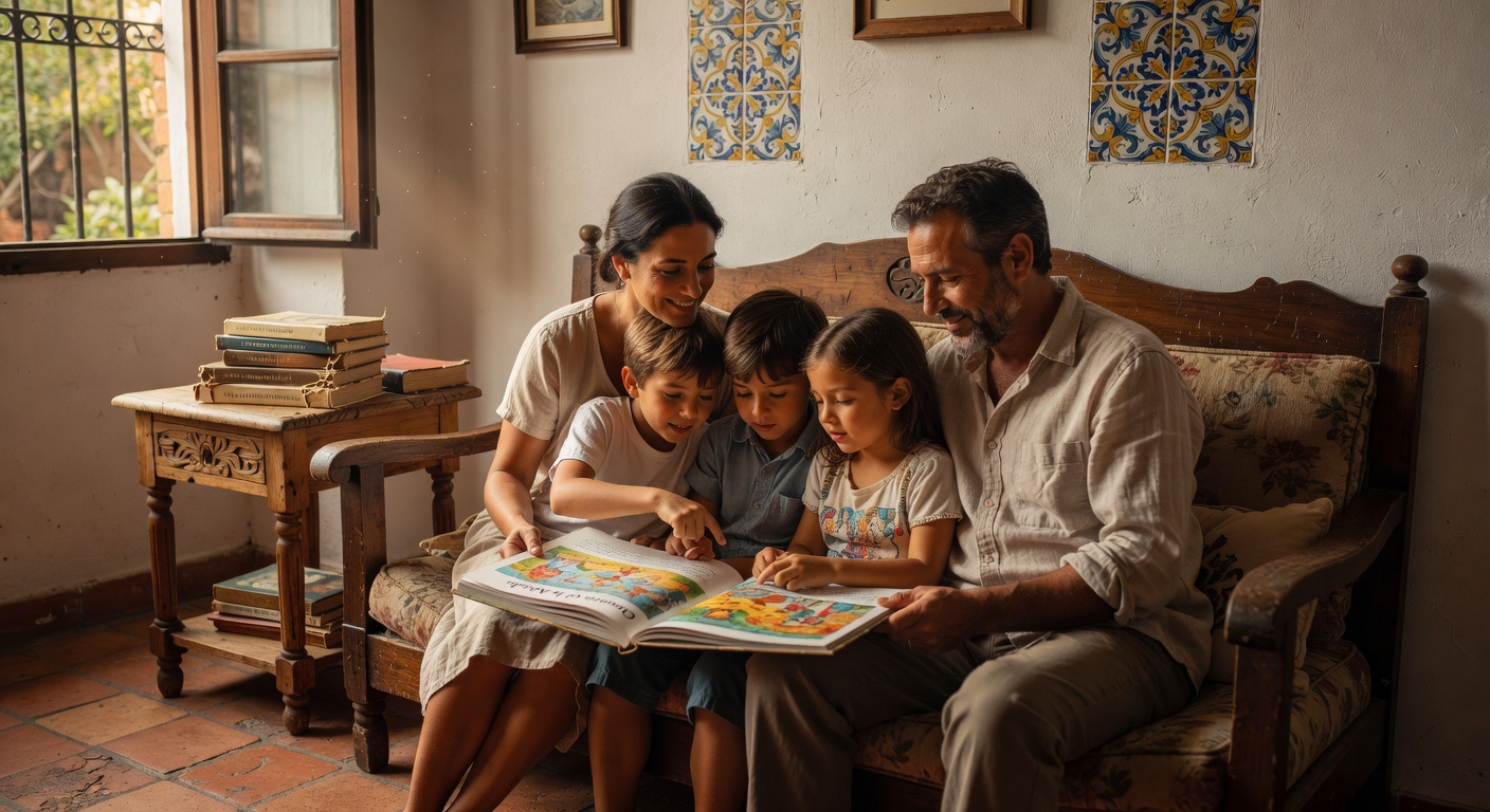 Familia leyendo en hogar español