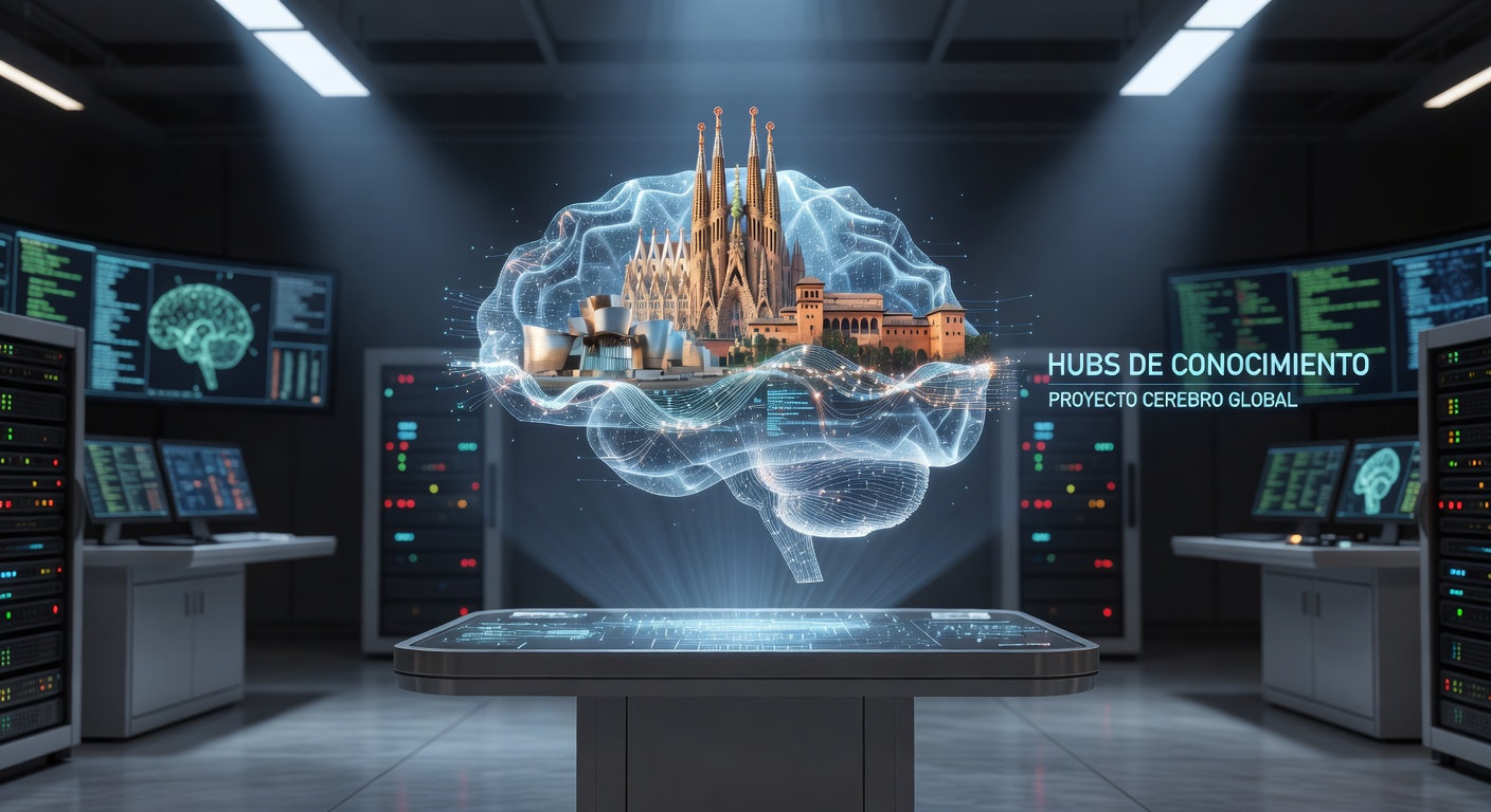 Holograma de cerebro con monumentos españoles
