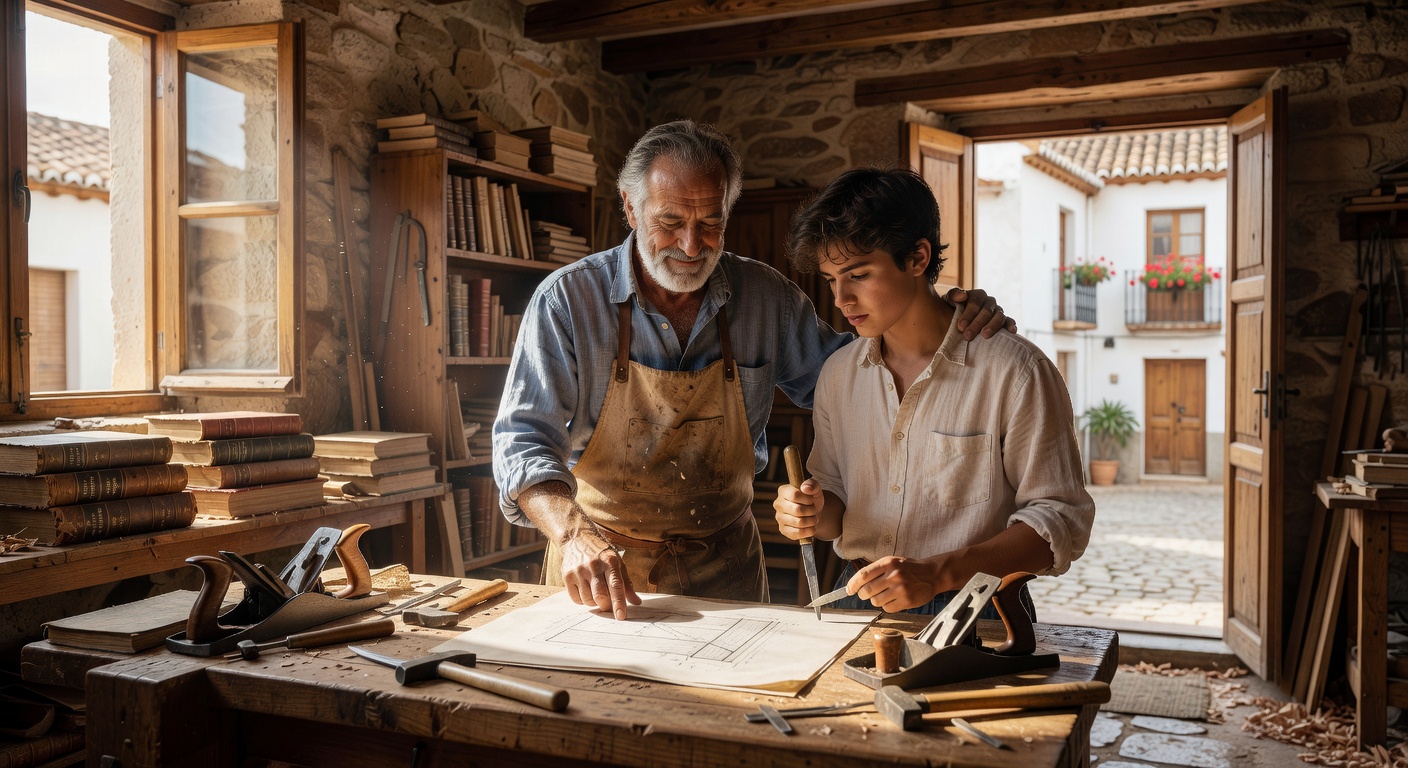 Mentor y aprendiz en taller de trabajo