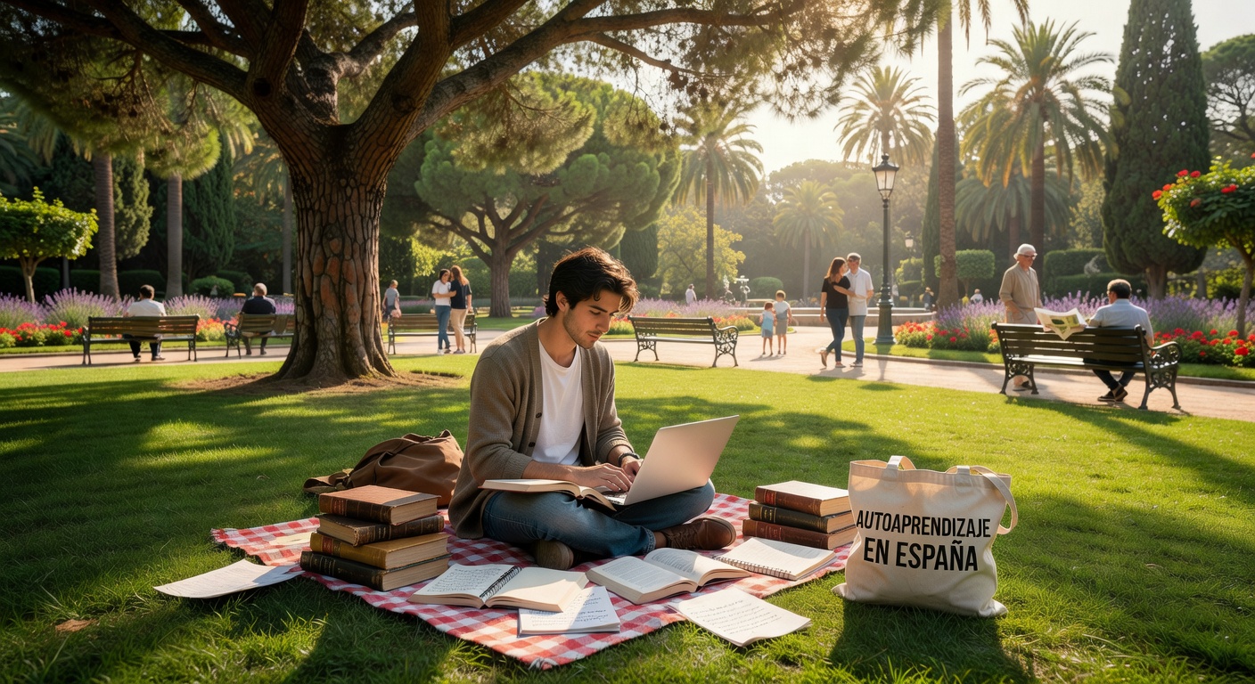 Estudiante estudiando en parque español con naturaleza