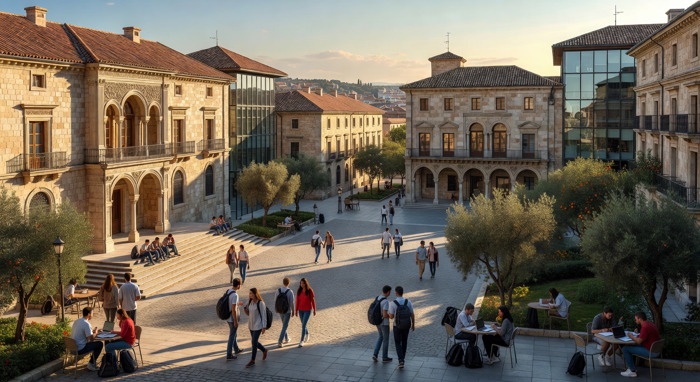Estudiantes en campus universitario al aire libre